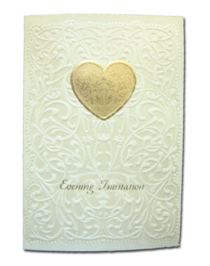 cream swirl imprinted wedding invitation with gold heart