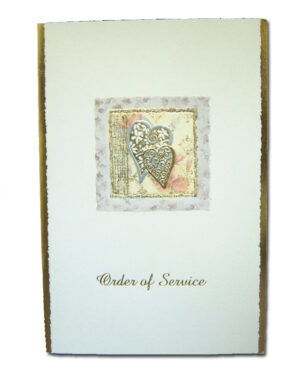 white and gold order of service card with floral border