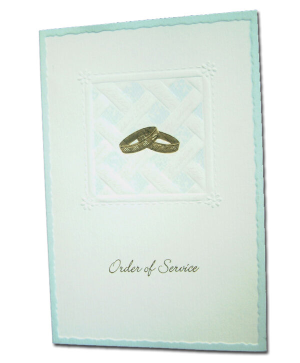 sky blue folded tartan order of service card with gold rings
