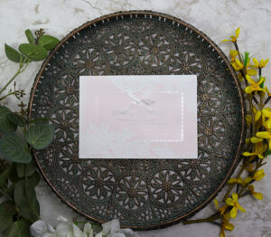Embossed floral Powder pink satin bow Vintage Wedding Invitation 3062 -7724