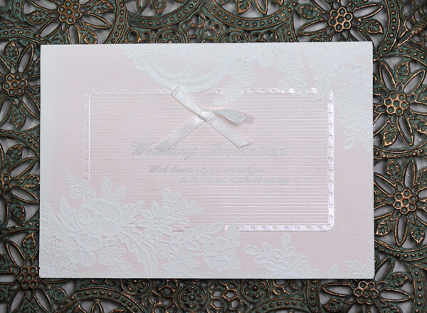 Embossed floral Powder pink satin bow Vintage Wedding Invitation 3062 -7725