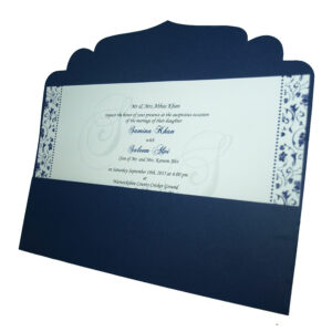 ABC 485 Navy blue card and silver foil Paisley pocket invite-2244