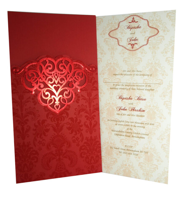 damask lasercut red pocket invite