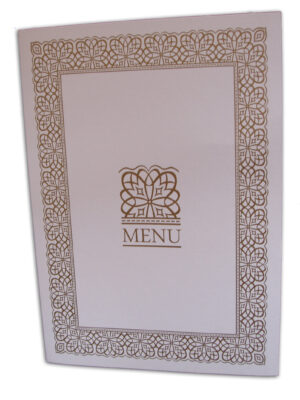 ABC 497 White and Gold border party table menu-0