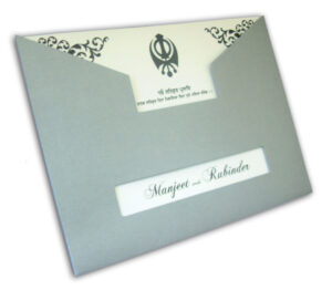 ABC 465 Pearlescent silver designer pocket sleeve sikh invitations-1407