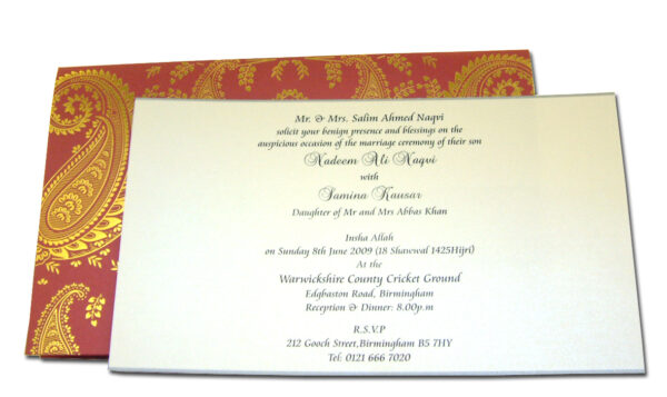 HW018 Indian design red wedding card letterpressed gold paisley-1537