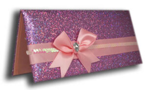 T067 Pink Padded single fold glitter fabric bow invitation-1839