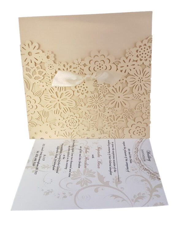 LC 1018 Cream Floral Daisies Laser Cut Pocket Invitation-3420
