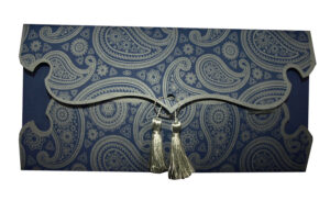 Blue and grey Paisley Indian wedding invitation with Tassel