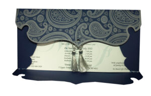 Beautiful Indian Invitation card with grey paisley design on blue card