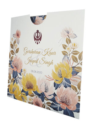 Summer flowers Khanda Symbol Sikh Punjabi pocket wedding invitation card | Shadicards.com