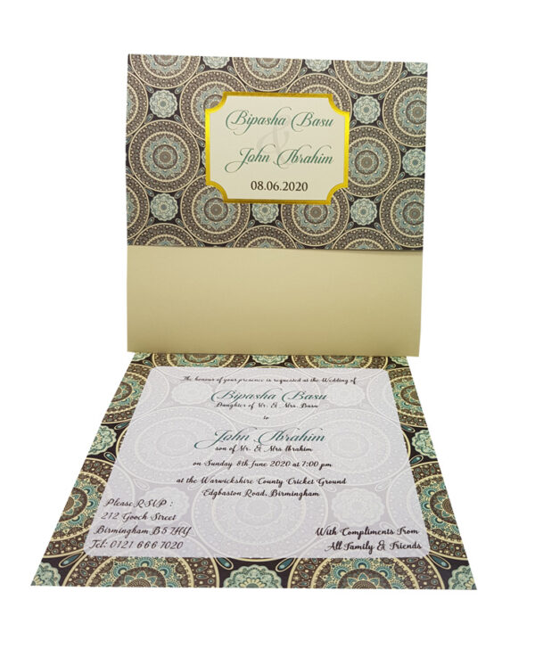 Green and cream foiled patterned pocket Asian invitation
