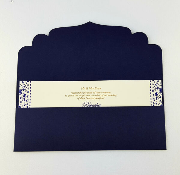 ABC 485 Navy blue card and silver foil Paisley pocket invite-2249