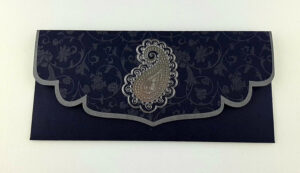 ABC 485 Navy blue card and silver foil Paisley pocket invite-0