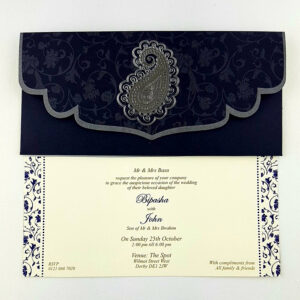 ABC 485 Navy blue card and silver foil Paisley pocket invite-2245