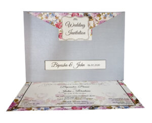 large grey wedding invitation with wild flower insert