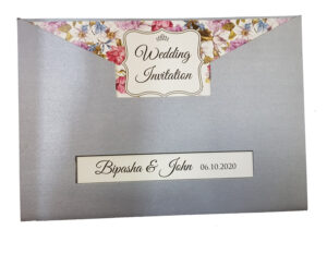 silver pocket invitation with aesthetic floral insert
