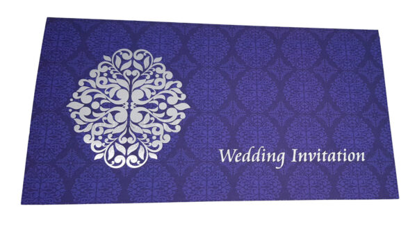 Blue pattern design with silver foil wedding invite