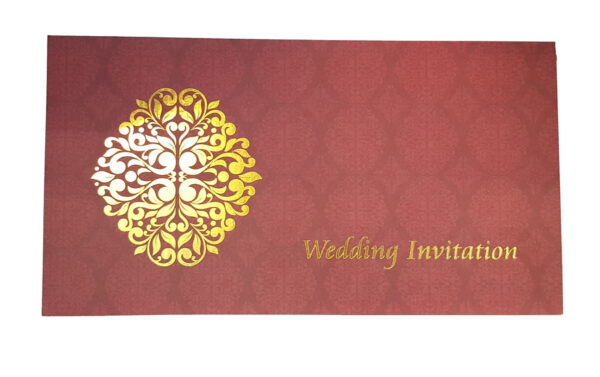 red and gold wedding invitations with arabesque design pattern in gold foil