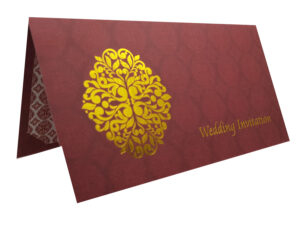 Damask patterned red Asian wedding invitation card with Gold Foil