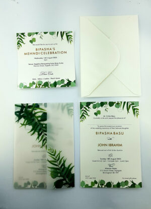vellum wrap wedding invitation in green
