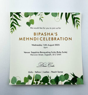 forest green mehndi invitation card