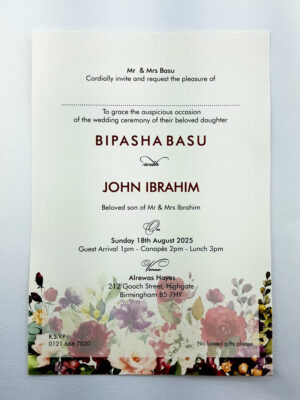 floral bed wedding invitation in burgundy