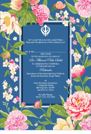 Blue Watercolour flowers Sikh Akhand Path Invitation