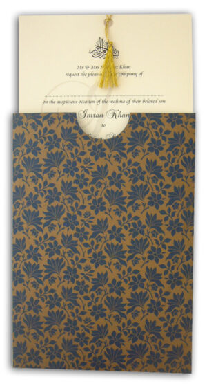ABC 431 pocket jacket sleeve invitation in navy blue with gold floral print-537