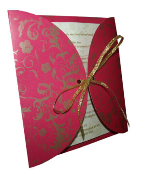 Shocking pink invitation card design with gold ribbon