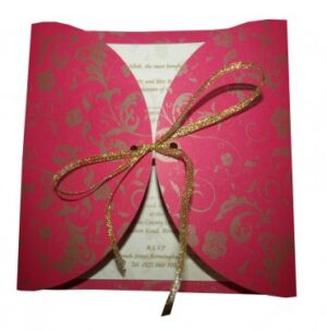 Pink Gatefold invitation card with gold ribbon