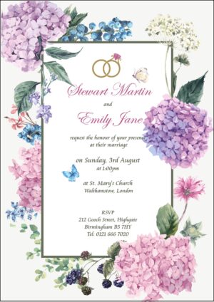 bright wildflowers and lavender floral wedding invitation with seasonal berry's