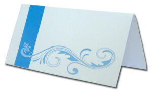 table place card in white and blue