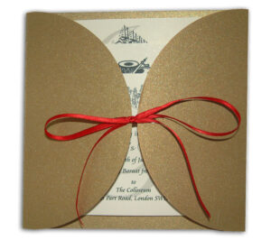Pearlescent Gold Invitation with red ribbon