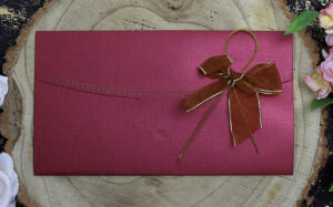 T056I Maroon card and gold ribbon bow invitation-7822