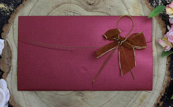 T056I Maroon card and gold ribbon bow invitation-7822