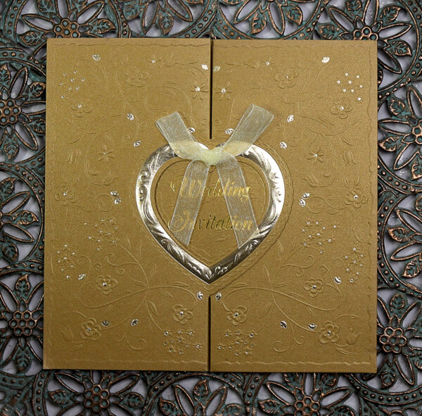 Gold Gatefold Hearts wedding Invitation card W001-7759
