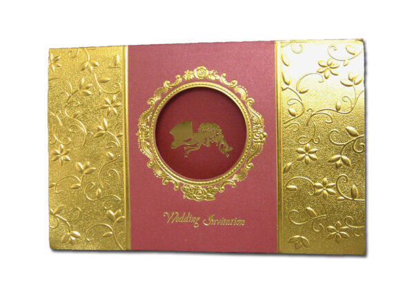 Gold Letterpress Embossed Bouquet and hat red cardstock wedding invitation card