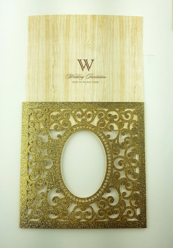 LC 19071 Baroque Glitter Gold Laser Cut Pocket Invitation Design-5833