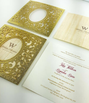 LC 19071 Baroque Glitter Gold Laser Cut Pocket Invitation Design-5835