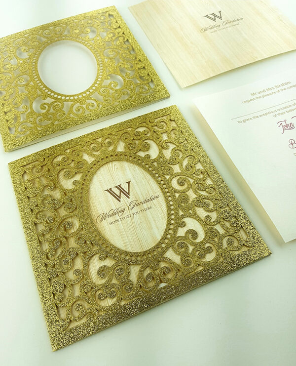 LC 19071 Baroque Glitter Gold Laser Cut Pocket Invitation Design-5836