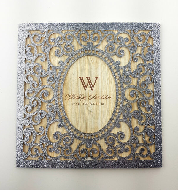 LC 19071 Baroque Glitter Silver Laser Cut Pocket Invitation Design-5827