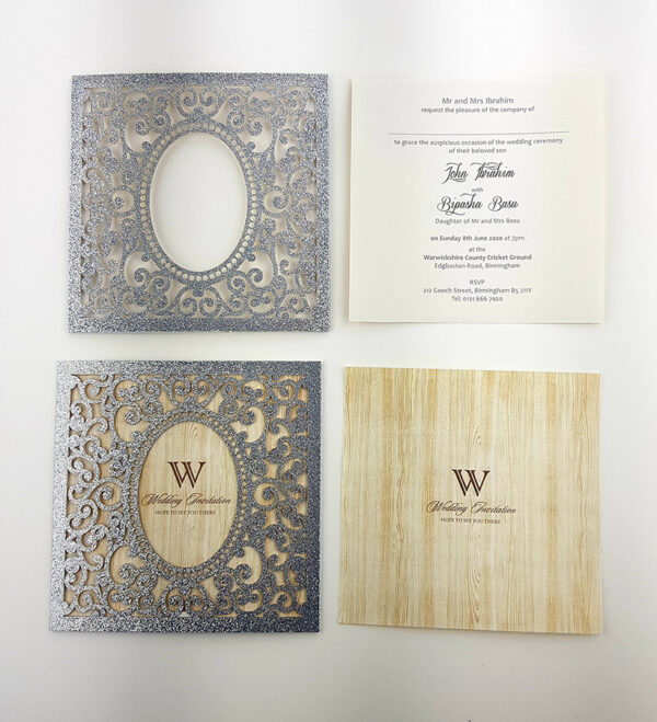 LC 19071 Baroque Glitter Silver Laser Cut Pocket Invitation Design-0