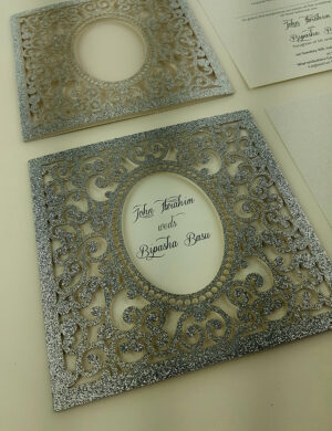 LC 1908 Baroque Glitter Silver Laser Cut Pocket Invitation Design-5818