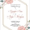 pink and green floral wedding invite with bright summer roses