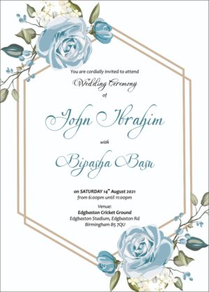 Blue roses with geometric border A5 floral invitation