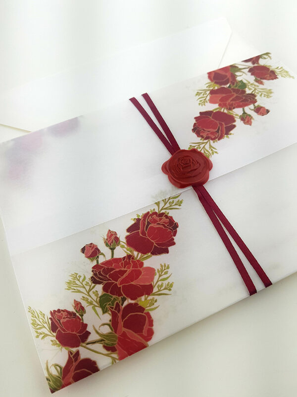 ABC 986 Translucent Floral Vellum Invitation with Red Rose Wax Seal-5879