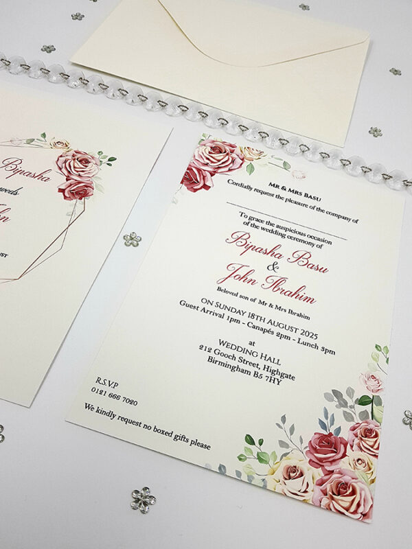 pink, red and reen double sided flat A5 wedding invitation