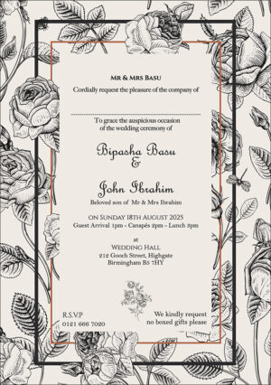 elegant black and white floral wedding invitation with illustrated roses