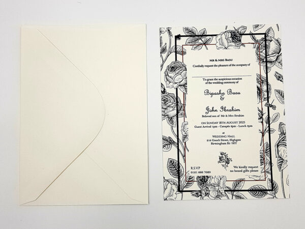 rustic black and white floral wedding invitation with summer flowers